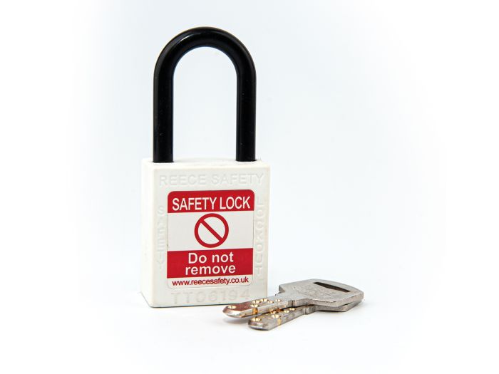 WHITE Plastic Shackle safety padlock keyed differently