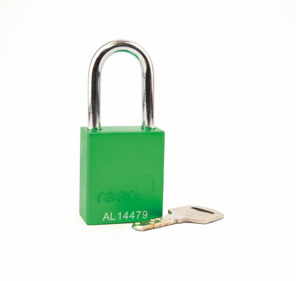 Aluminium bodied safety padlock with steel shackle-green-Keyed to Differ